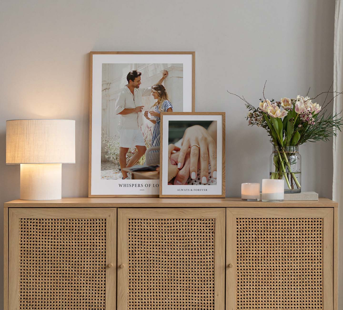 Two prints on an oak bench