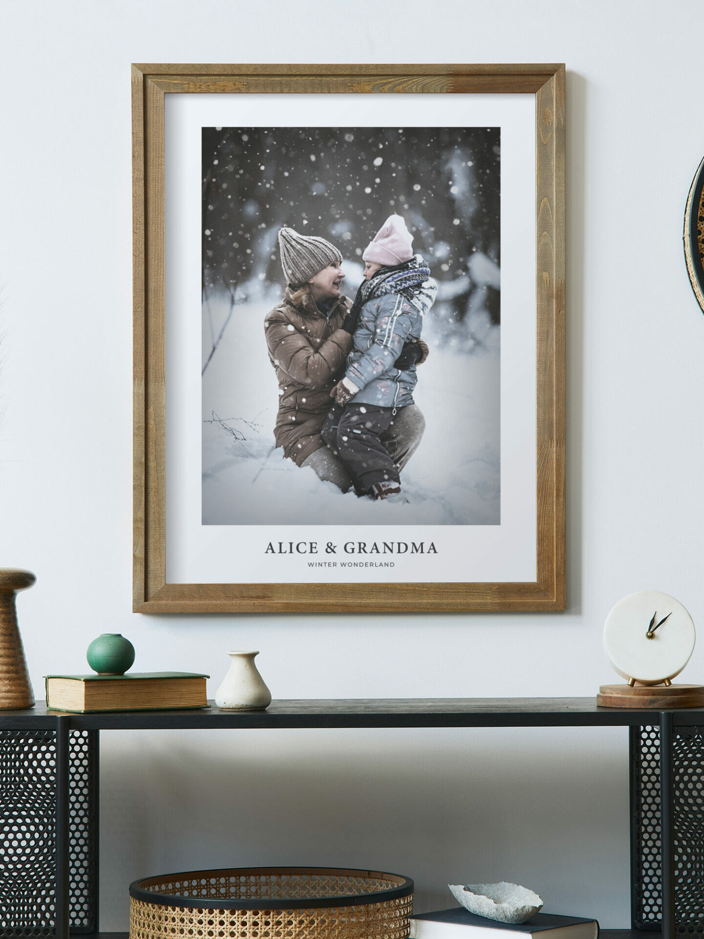 Interior with poster of girl and grandma in snow