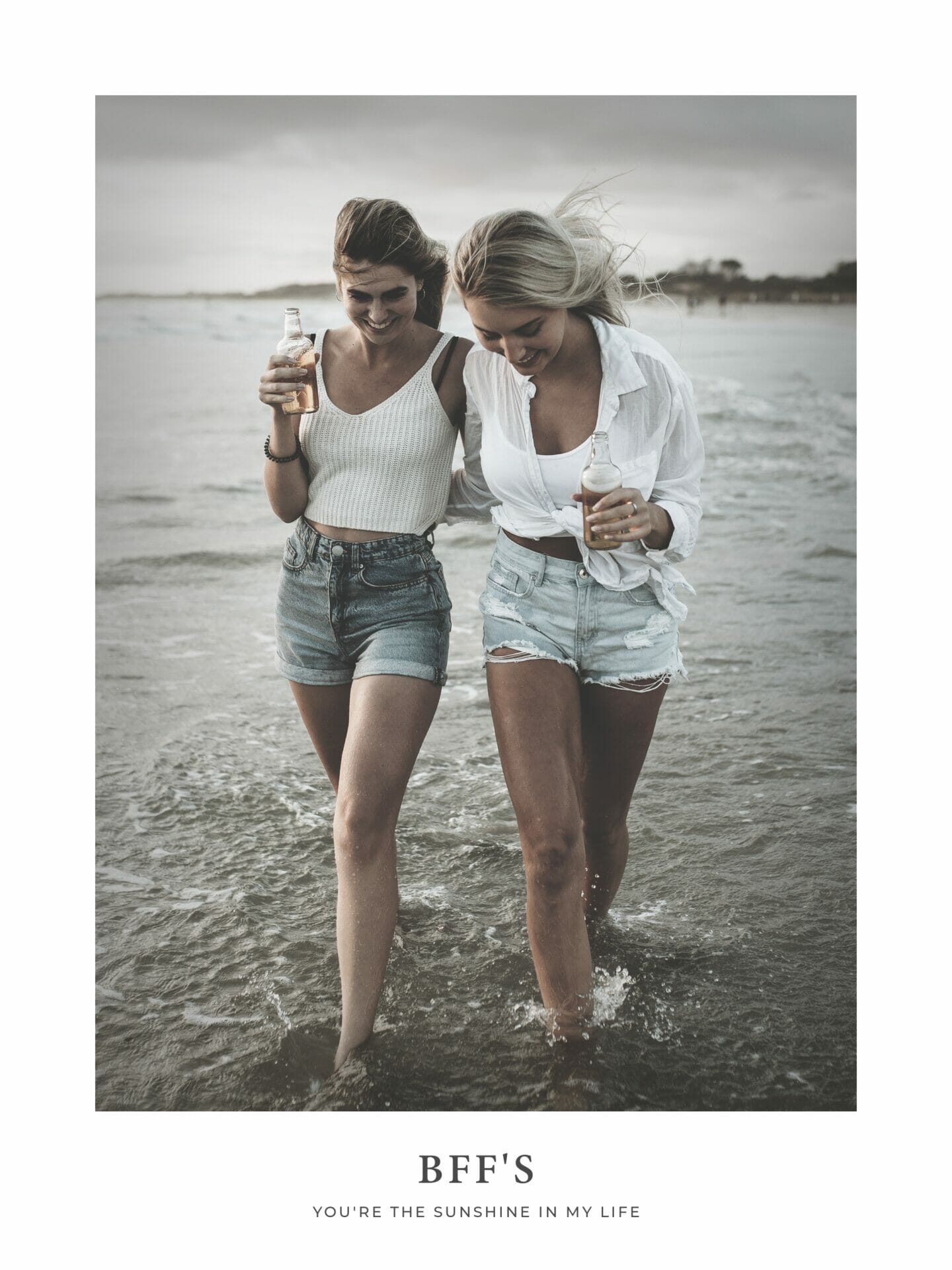 Poster with two best friends walking on the beach together