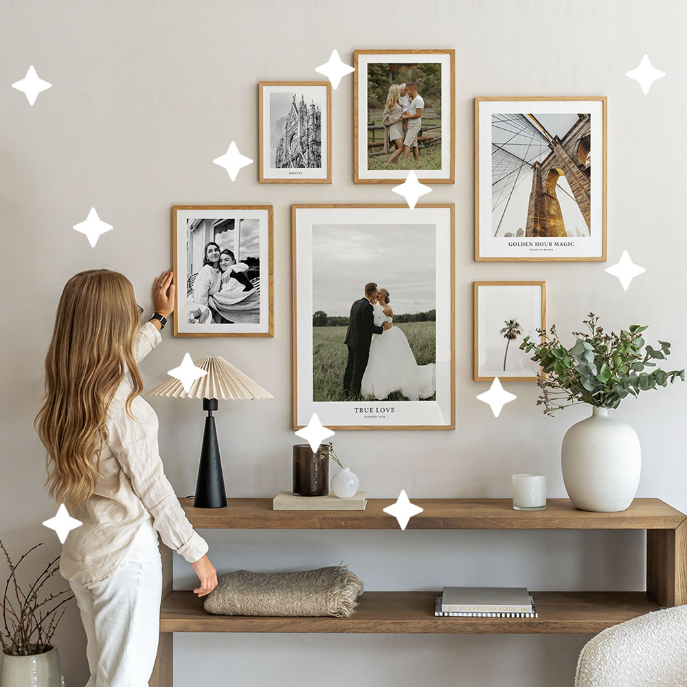 Woman with sparkling gallery wall