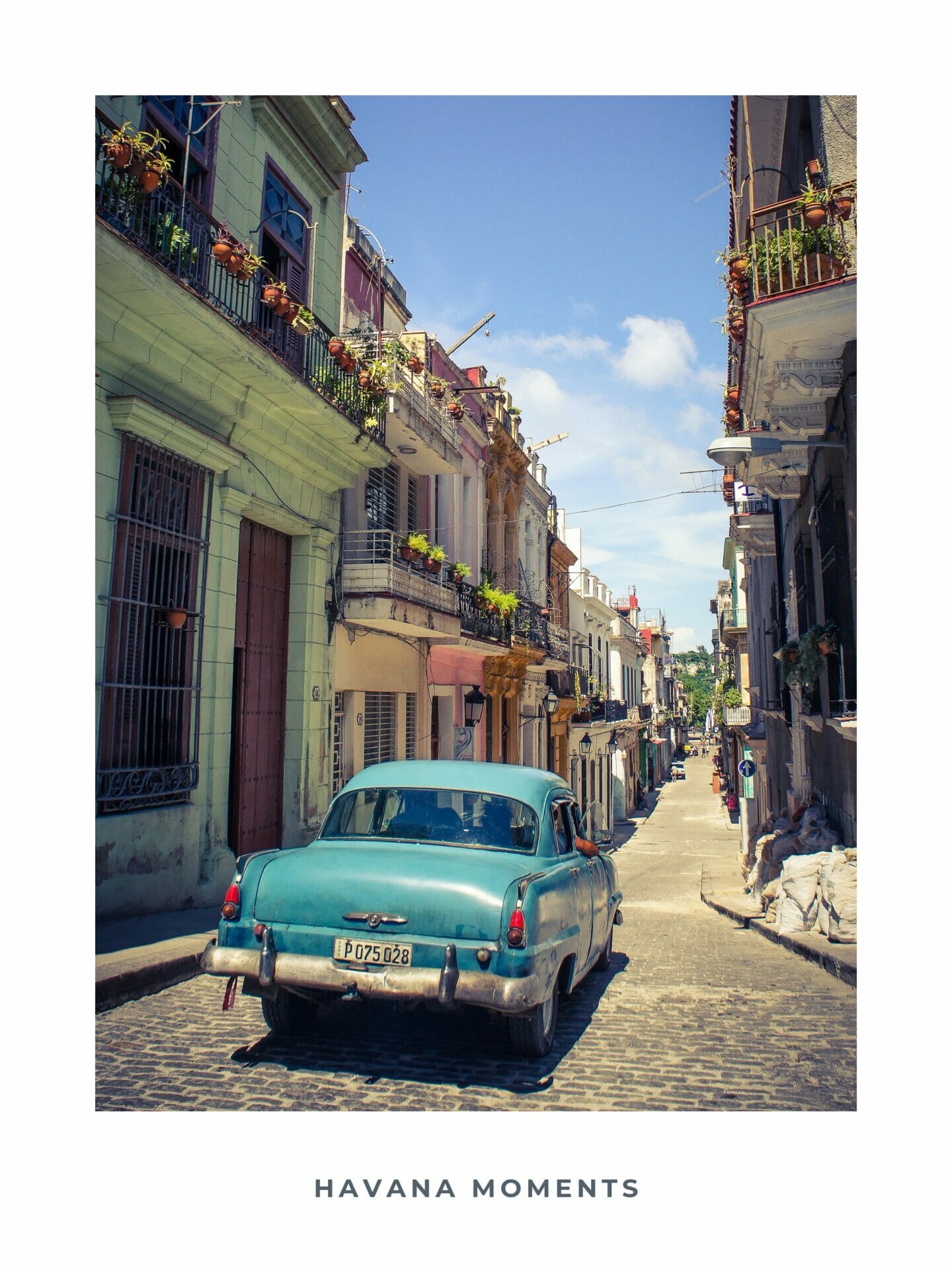 Poster of vintage car driving in old parts of Havana