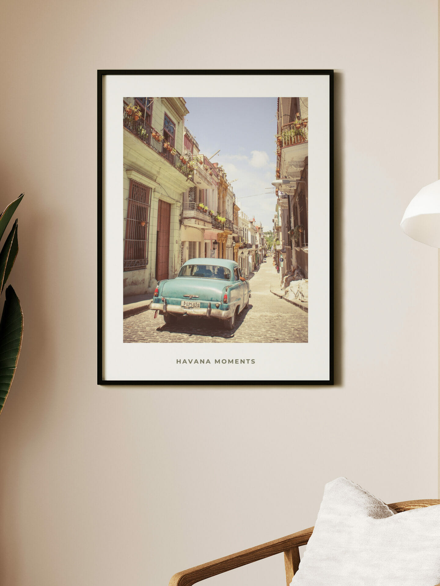 Poster of vintage car driving in old parts of Havana in interior