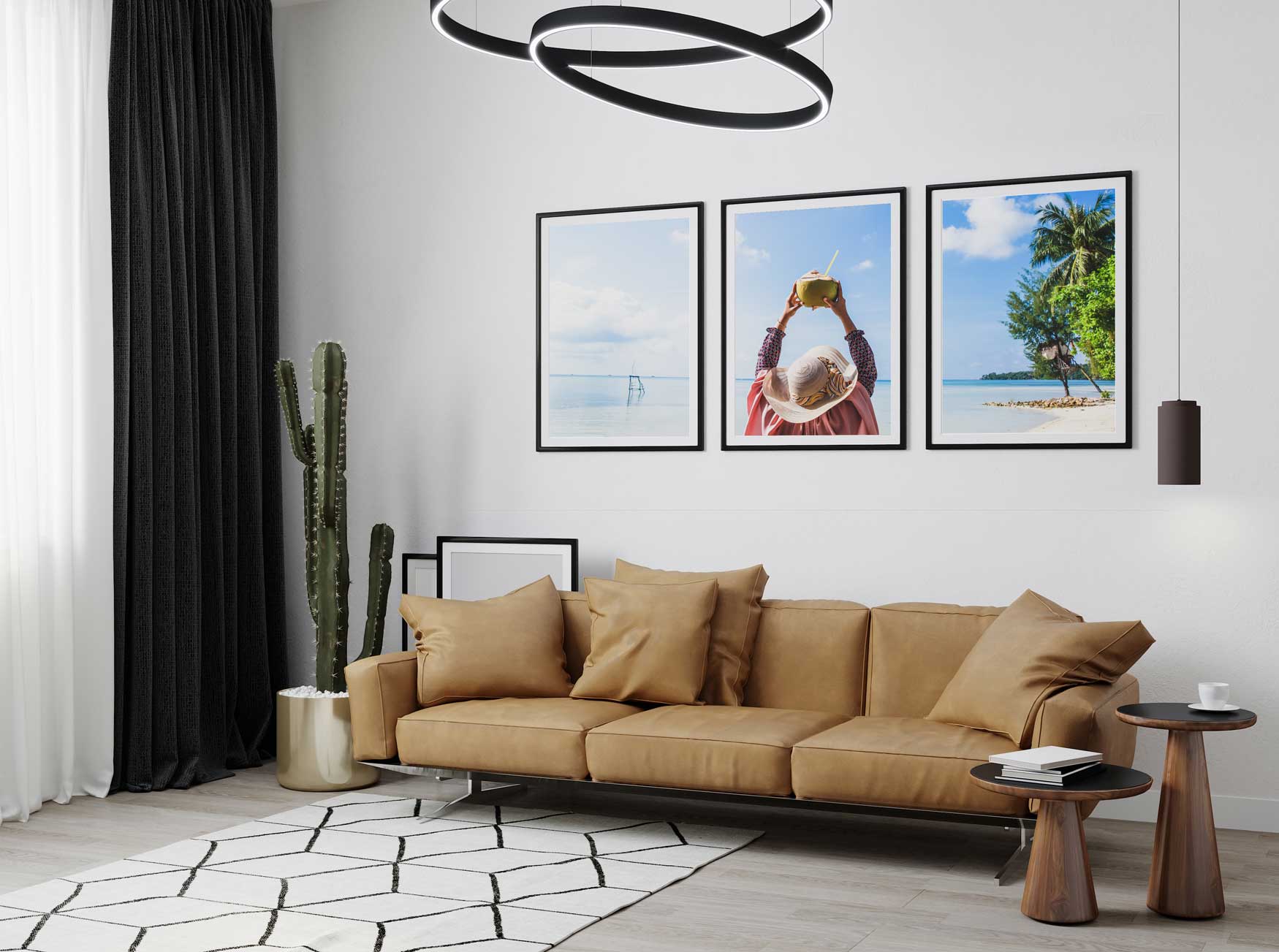 modern living room with a big sofa. 3 piece photo art of a girl on the beach.
