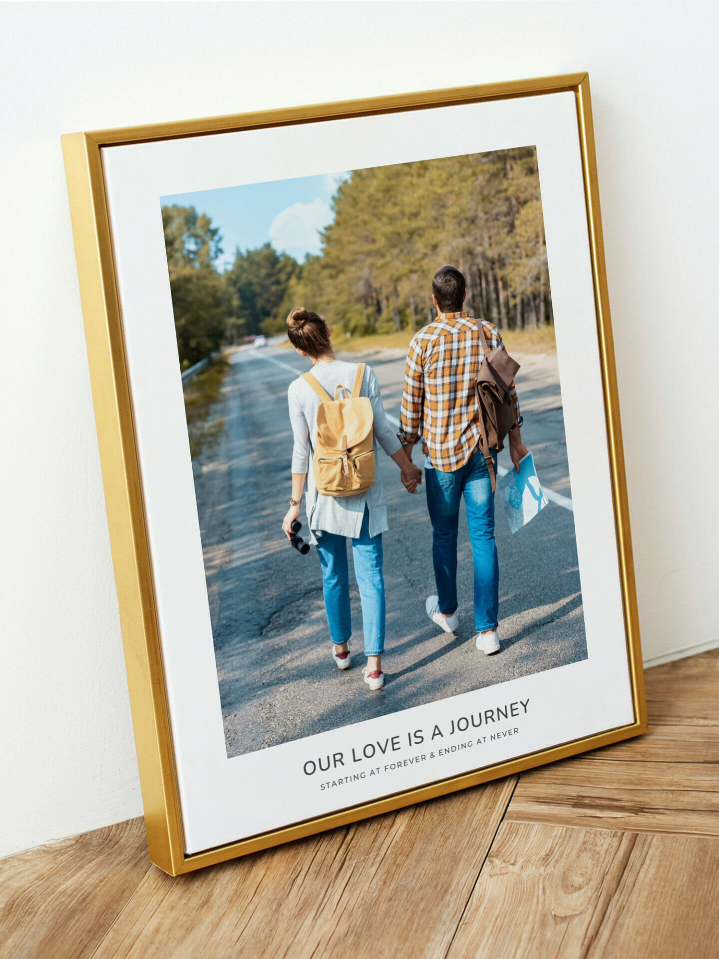 Interior with poster of couple walking down a road together
