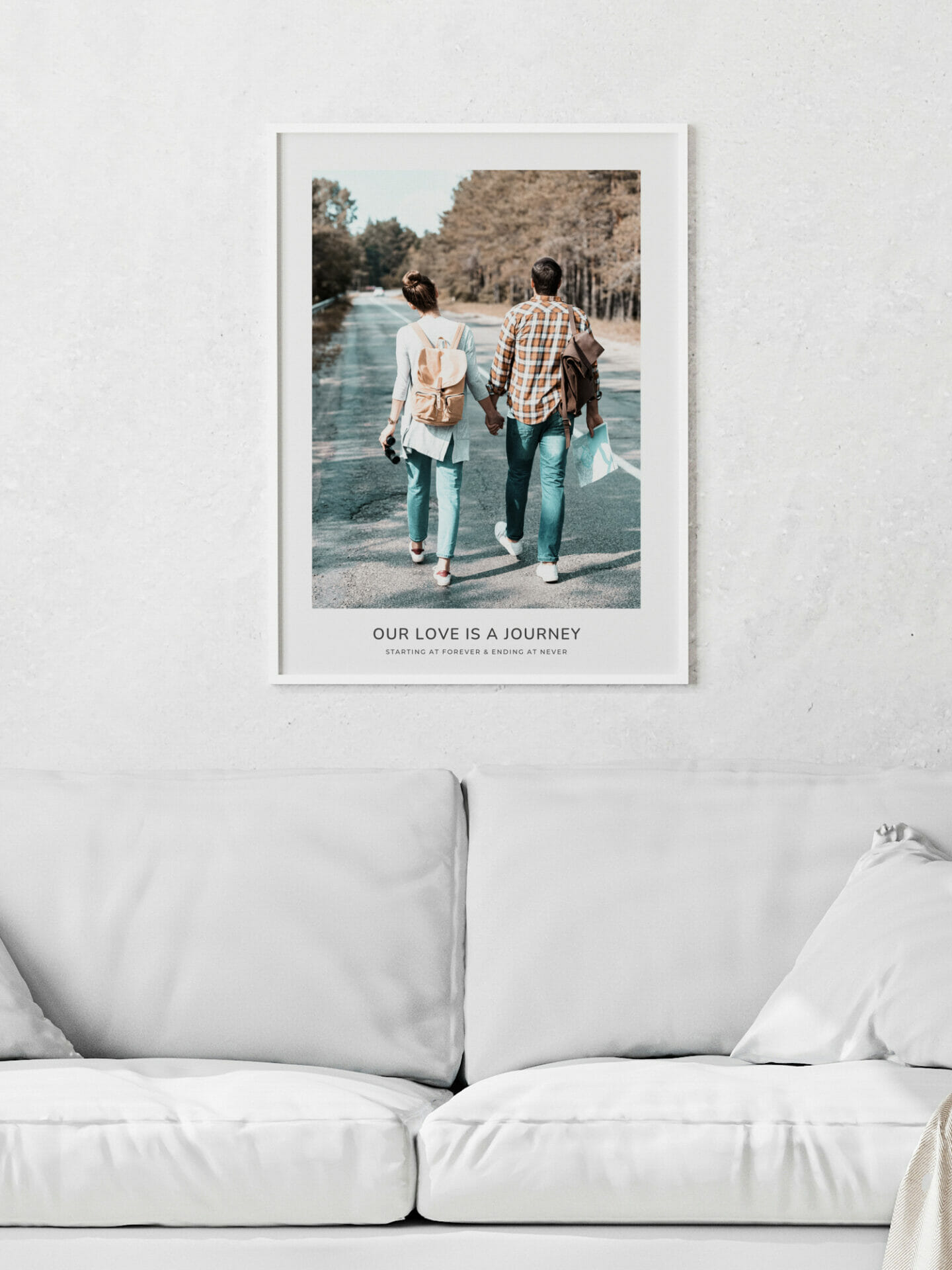 Interior with poster of couple walking down a road together